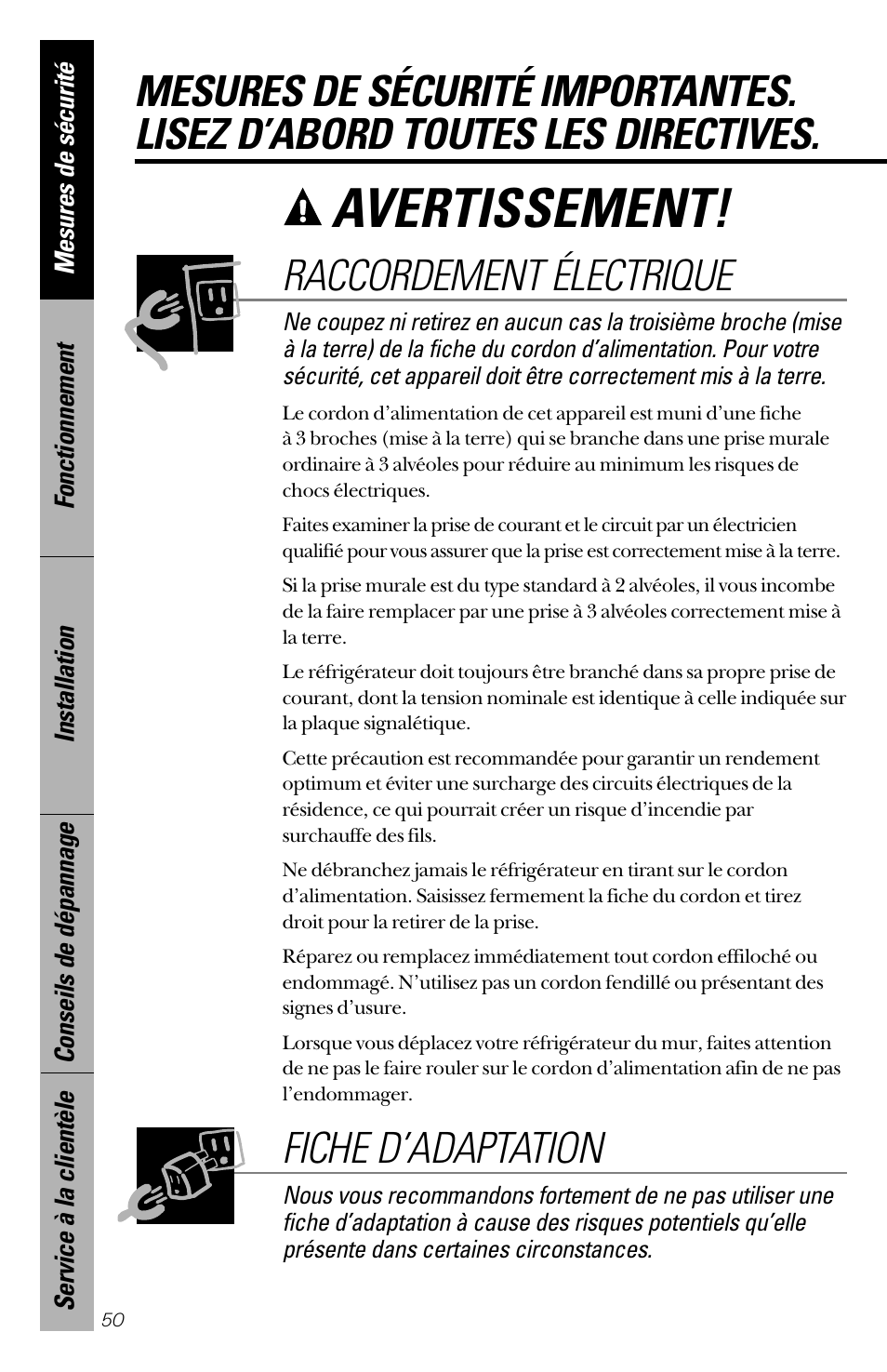 Avertissement, Fiche d’adaptation, Raccordement électrique | GE 28 User Manual | Page 50 / 136