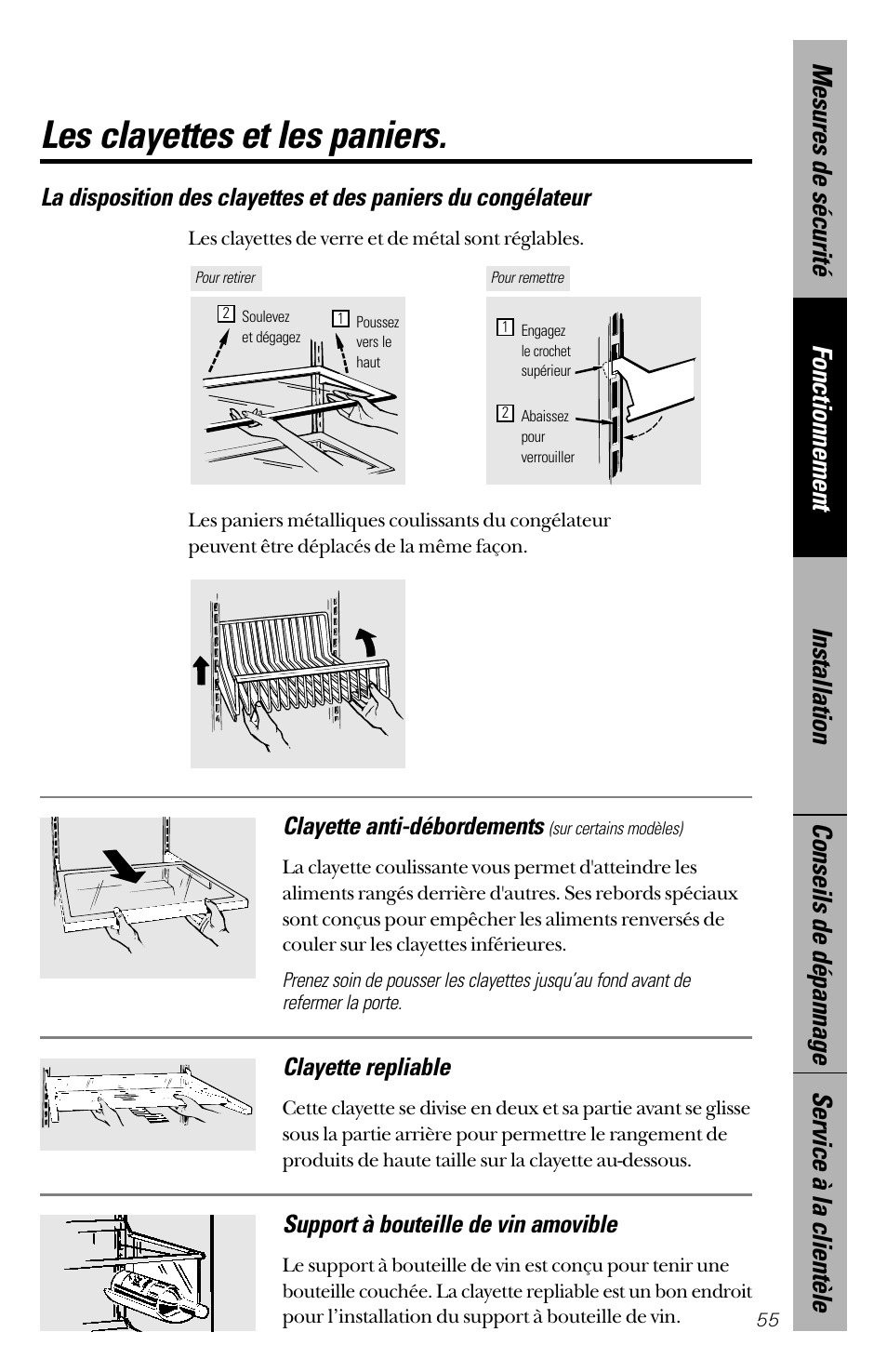 Les clayettes et les paniers, Support à bouteille de vin amovible, Clayette repliable | GE 28 User Manual | Page 55 / 136