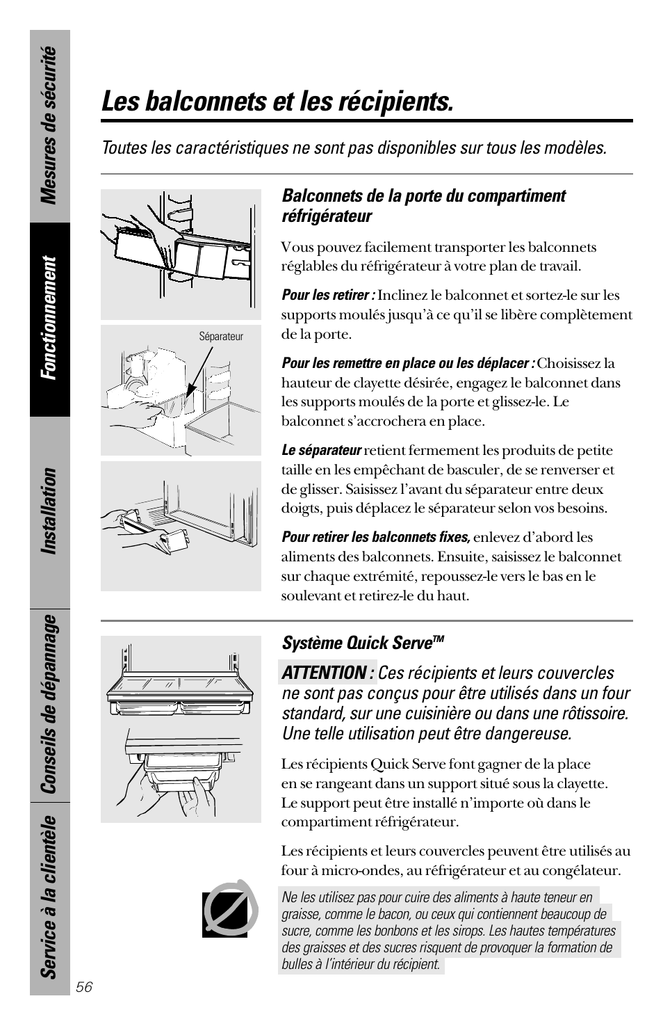 Les balconnets et les récipients | GE 28 User Manual | Page 56 / 136