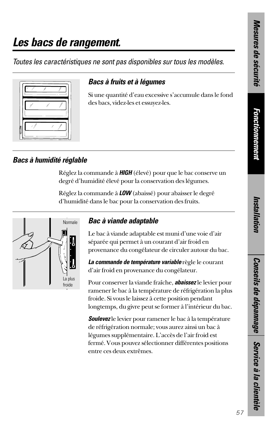 Les bacs de rangement, Bac à viande adaptable, Bacs à humidité réglable | GE 28 User Manual | Page 57 / 136