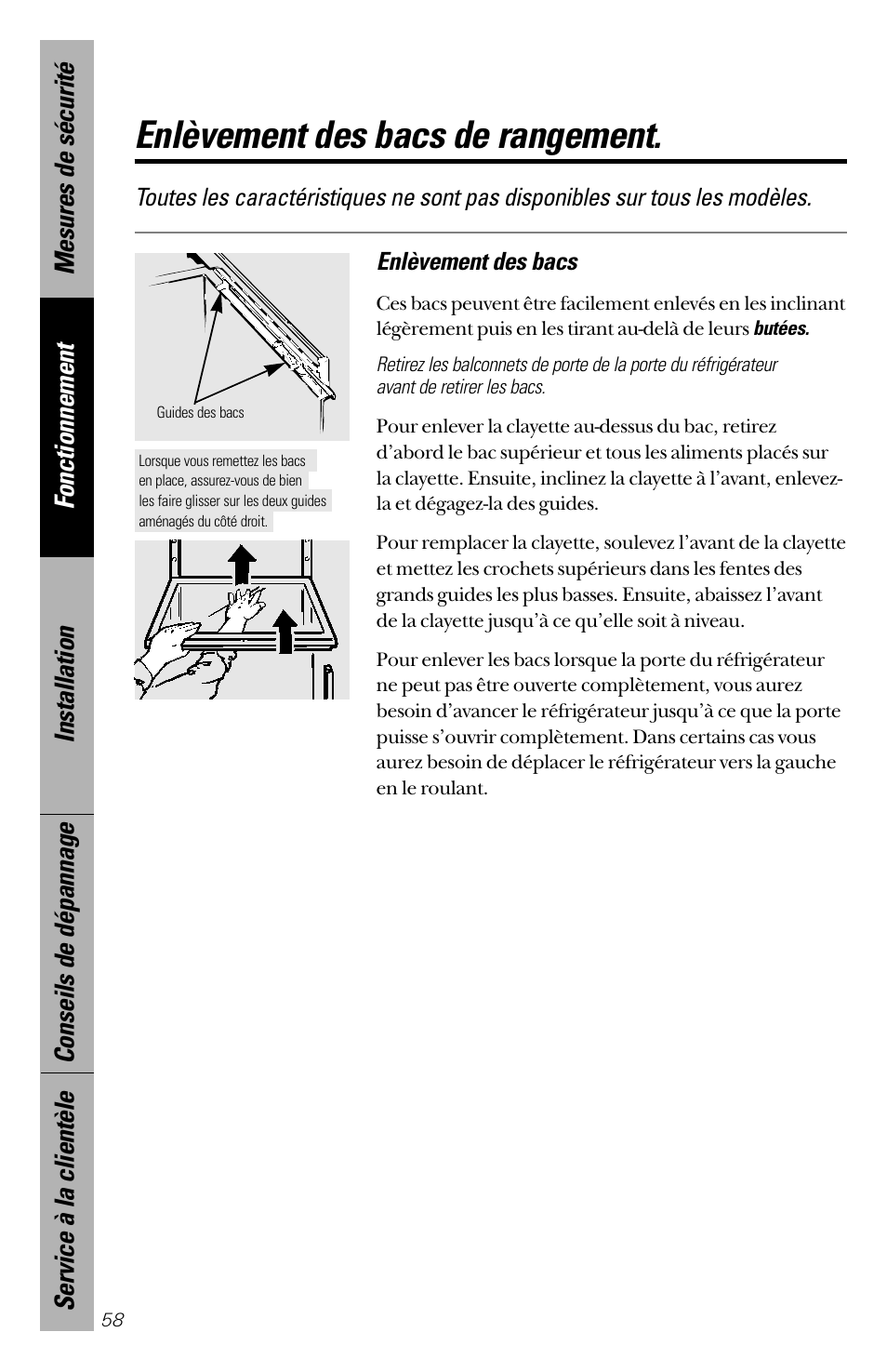 Enlèvement des bacs de rangement | GE 28 User Manual | Page 58 / 136