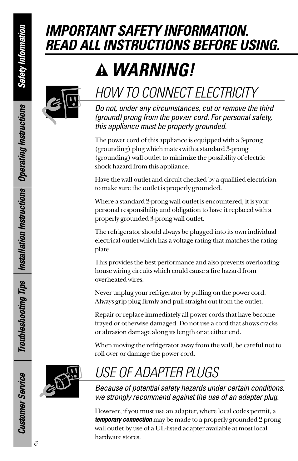 How to connect electricity, Use of adapter plugs, Warning | GE 28 User Manual | Page 6 / 136