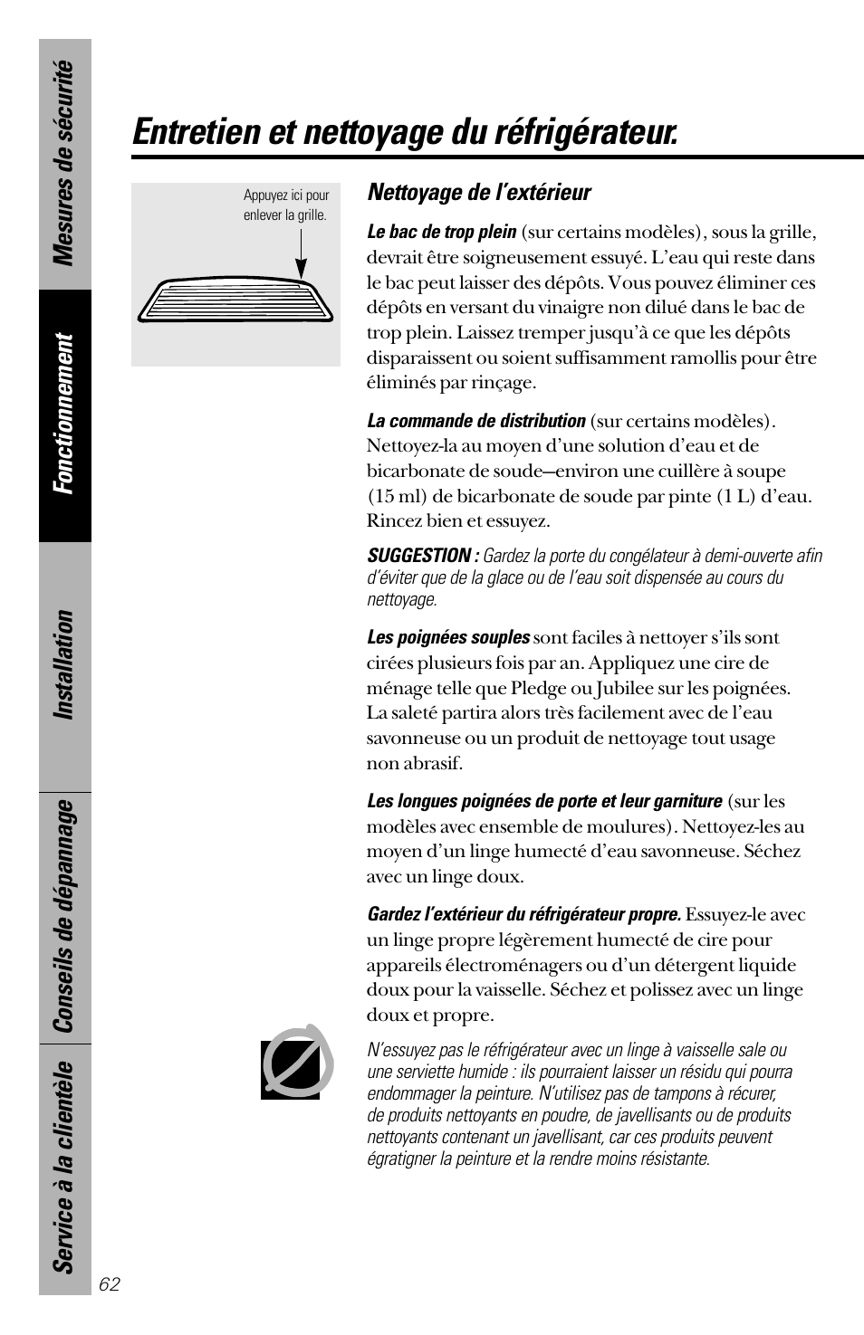 Entretien et nettoyage du réfrigérateur | GE 28 User Manual | Page 62 / 136