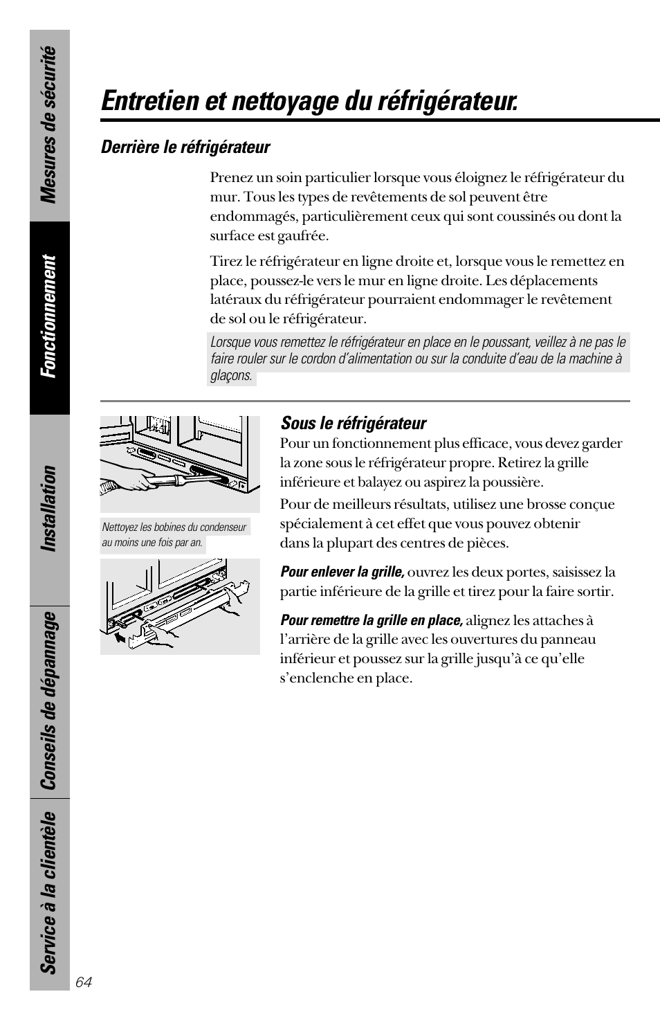 Entretien et nettoyage du réfrigérateur | GE 28 User Manual | Page 64 / 136