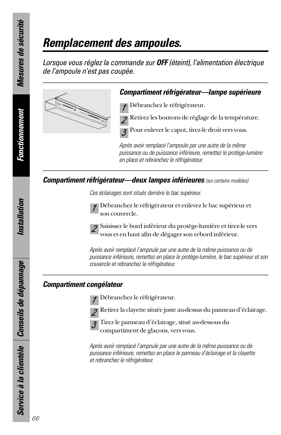 Remplacement des ampoules, Compartiment congélateur, Compartiment réfrigérateur—deux lampes inférieures | GE 28 User Manual | Page 66 / 136