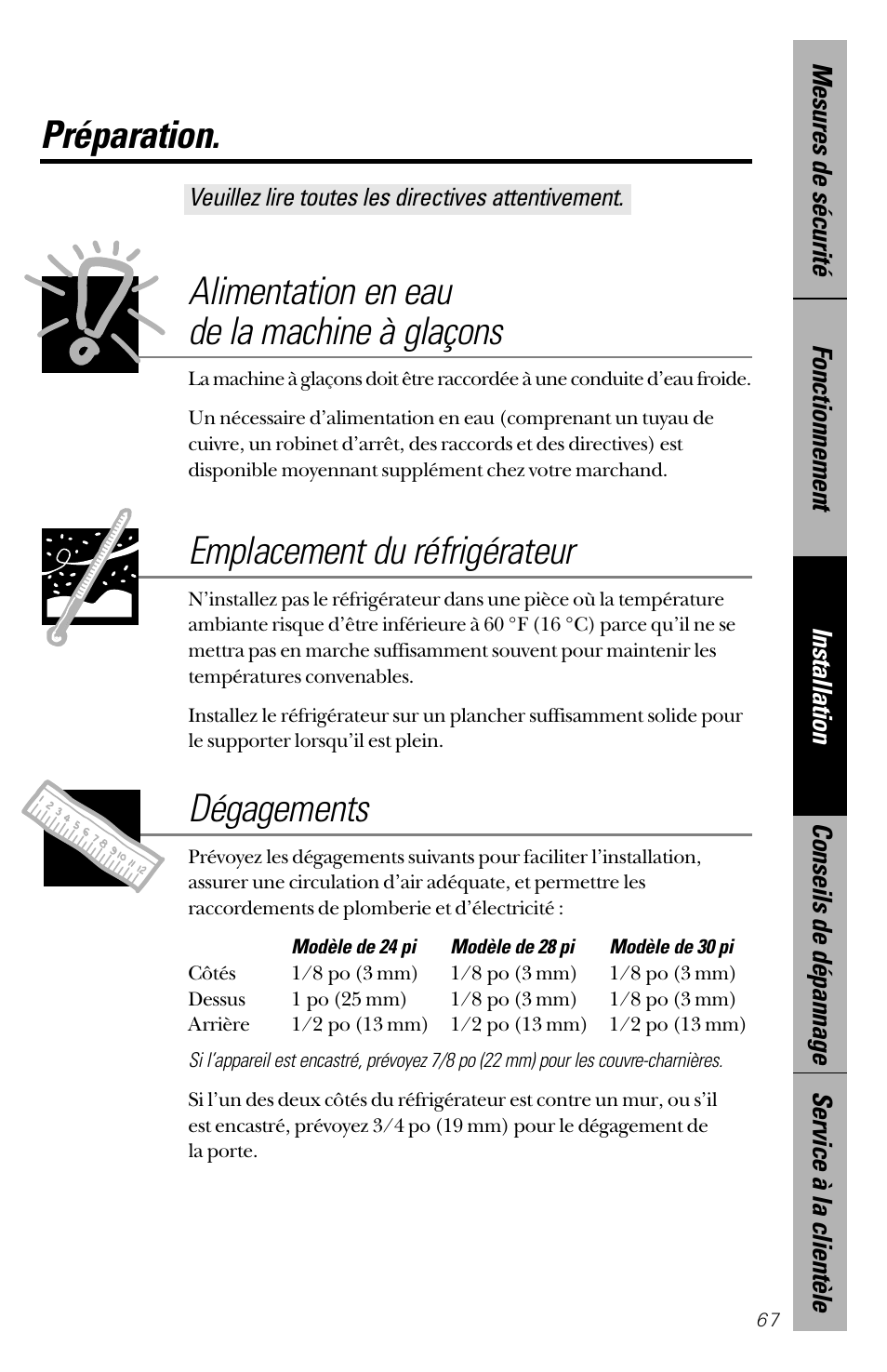 Préparation, Emplacement du réfrigérateur, Dégagements | Alimentation en eau de la machine à glaçons | GE 28 User Manual | Page 67 / 136