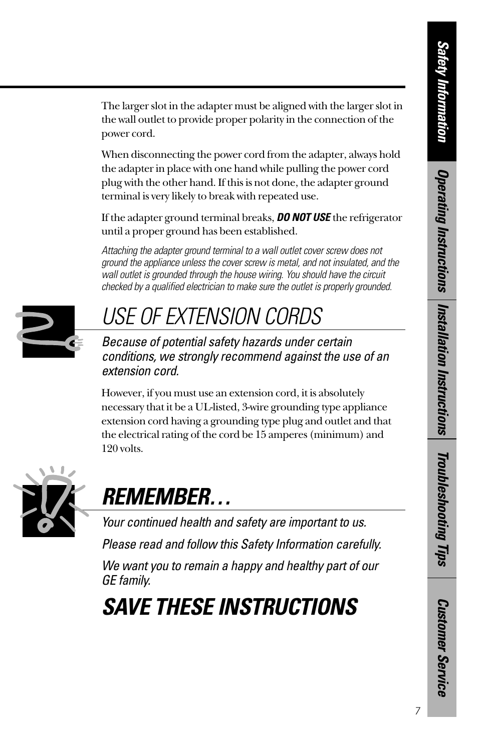 Use of extension cords, Remember, Save these instructions | GE 28 User Manual | Page 7 / 136