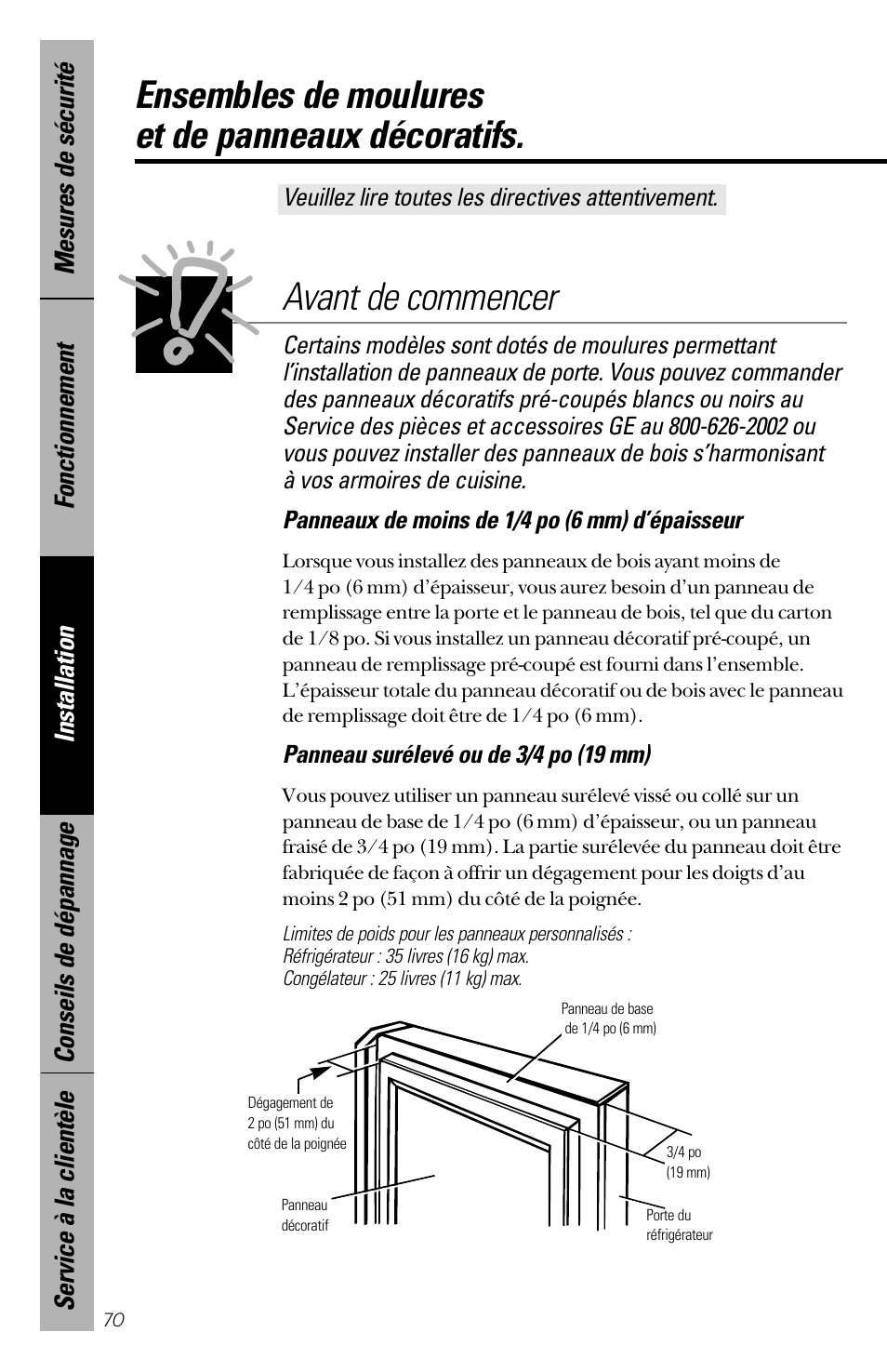 Ensembles de moulures et de panneaux décoratifs, Avant de commencer | GE 28 User Manual | Page 70 / 136