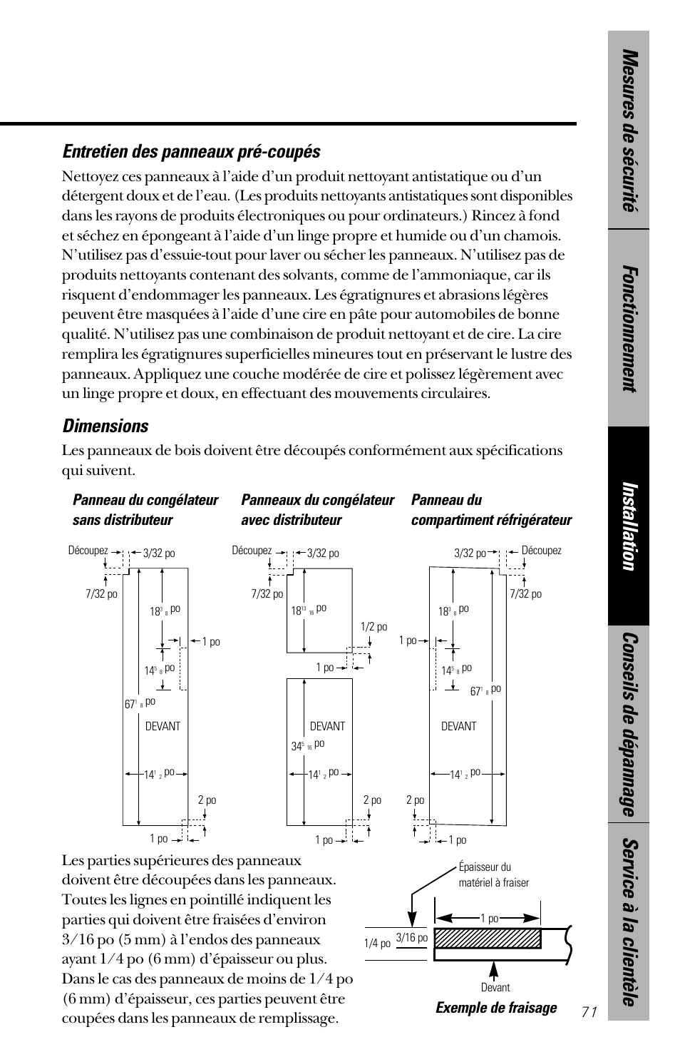 Dimensions, Entretien des panneaux pré-coupés | GE 28 User Manual | Page 71 / 136