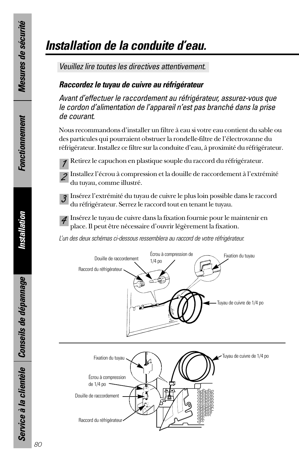 Installation de la conduite d’eau | GE 28 User Manual | Page 80 / 136