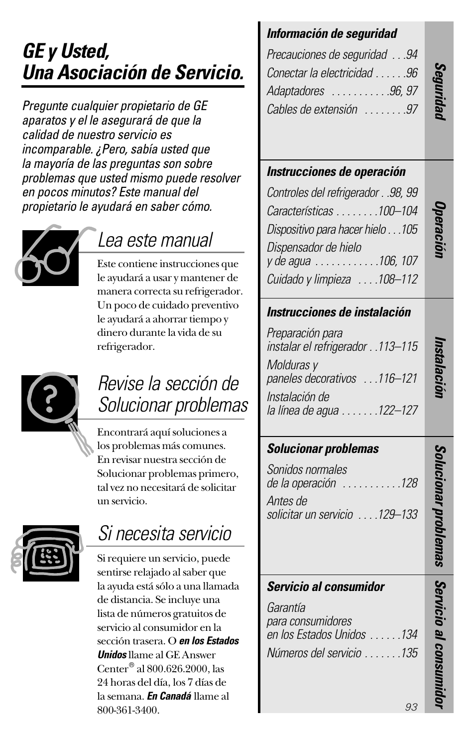 Ge y usted, una asociación de servicio, Lea este manual, Si necesita servicio | Revise la sección de solucionar problemas | GE 28 User Manual | Page 93 / 136