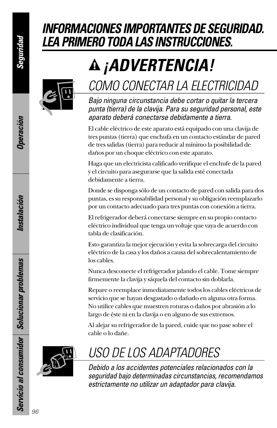 Advertencia | GE 28 User Manual | Page 96 / 136