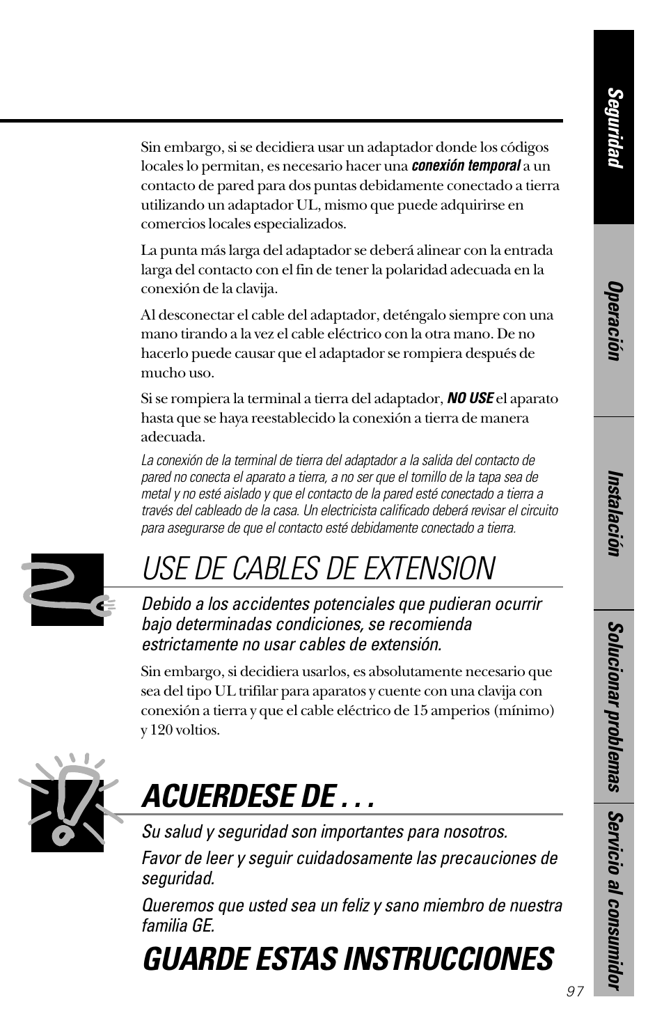 Use de cables de extension, Acuerdese de, Guarde estas instrucciones | GE 28 User Manual | Page 97 / 136