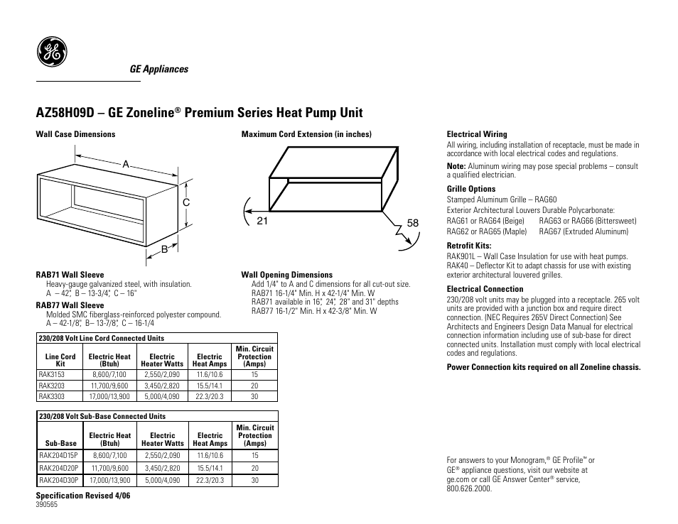 GE Zoneline AZ58H09D User Manual | 2 pages