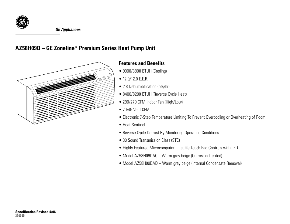 Az58h09d – ge zoneline, Premium series heat pump unit | GE Zoneline AZ58H09D User Manual | Page 2 / 2