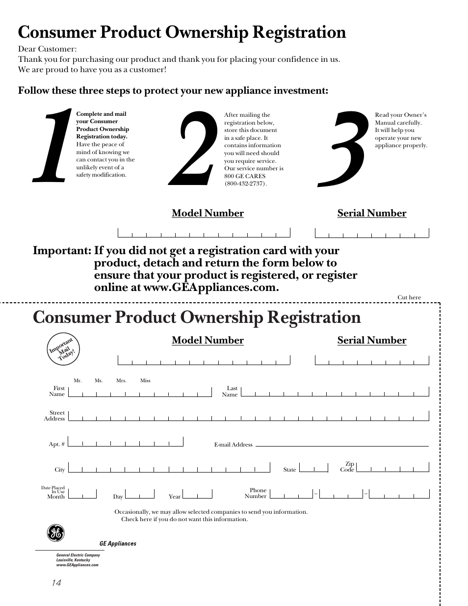 Consumer product ownership registration | GE 162D3907P004 User Manual | Page 14 / 16