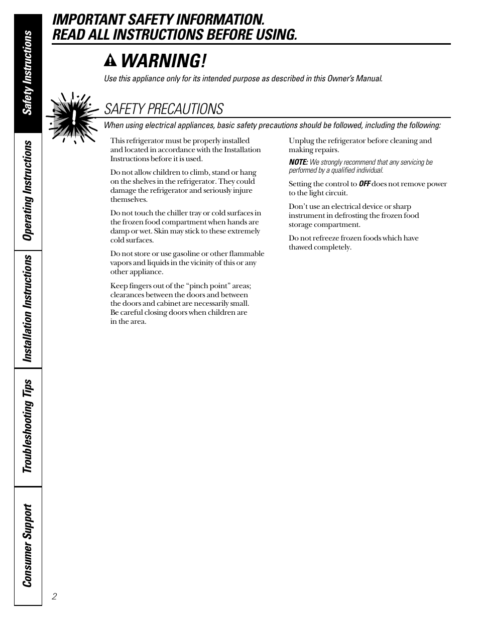 Safety precautions, Warning | GE 162D3907P004 User Manual | Page 2 / 16