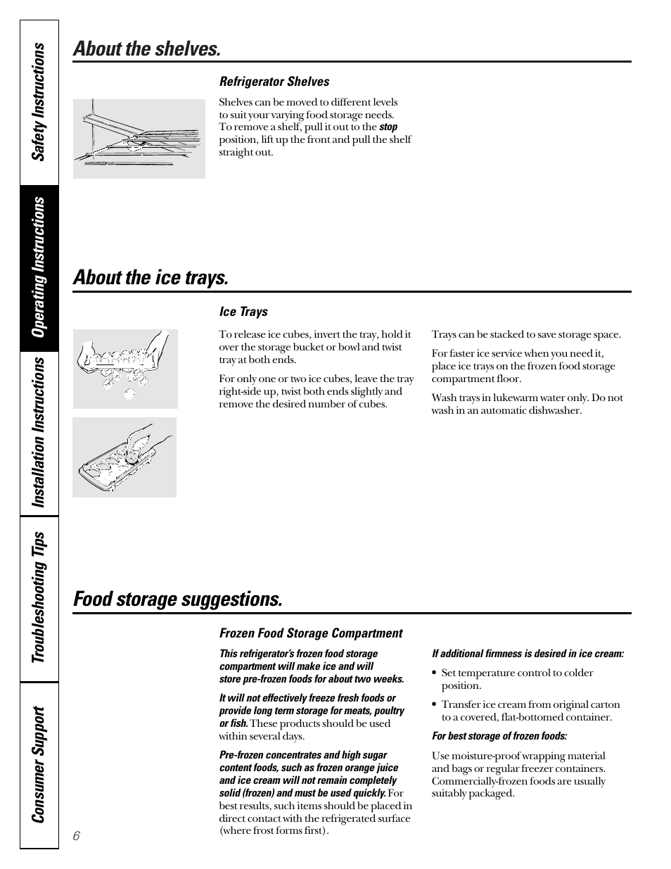 Food storage suggestions, Ice trays, Shelves | Food storage suggestions , 7, About the shelves, About the ice trays | GE 162D3907P004 User Manual | Page 6 / 16