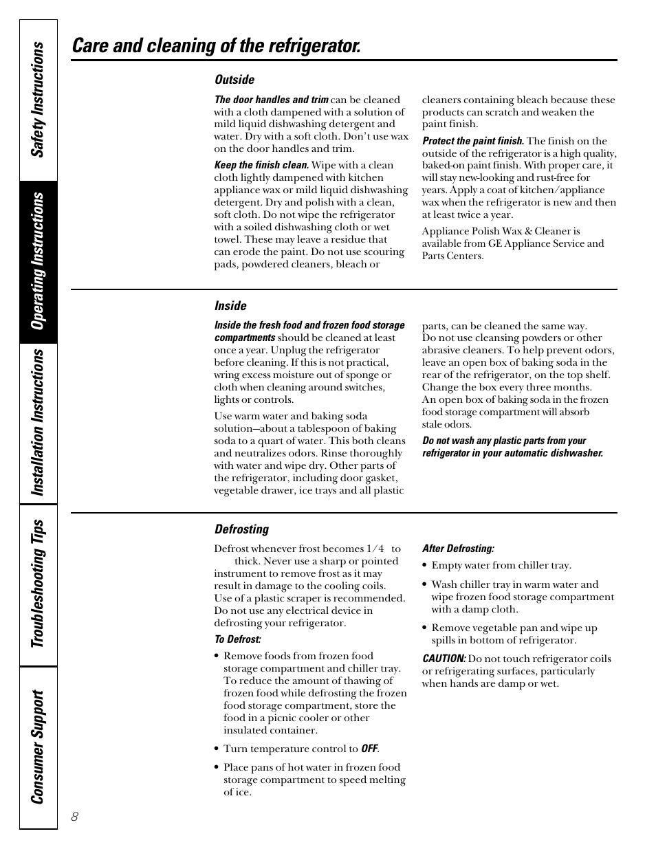 Care and cleaning, Defrosting, Care and cleaning , 9 | Care and cleaning of the refrigerator | GE 162D3907P004 User Manual | Page 8 / 16