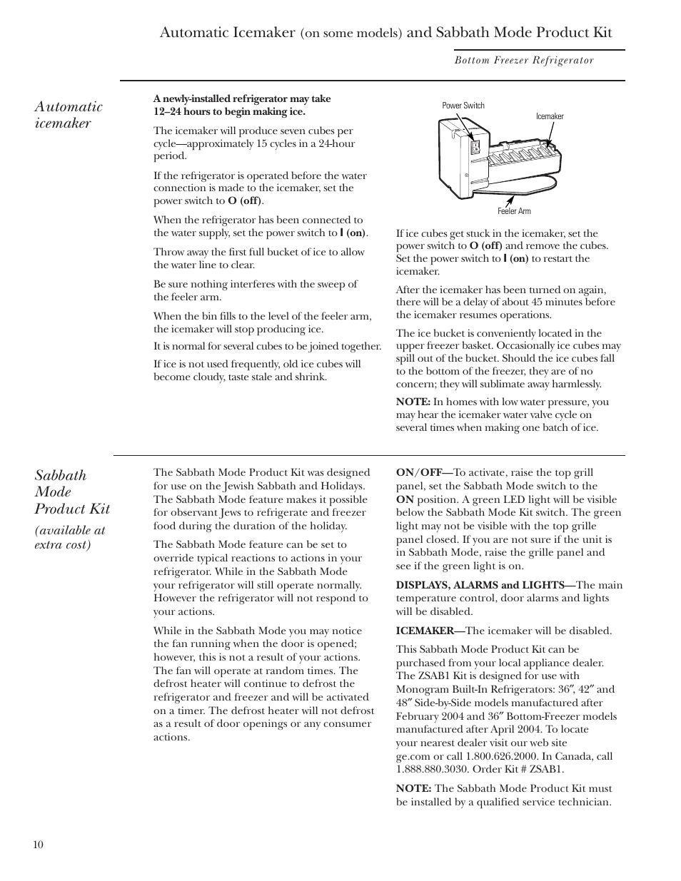 Automatic icemaker, Sabbath mode product kit, zsab1, Automatic icemaker sabbath mode product kit, zsab1 | Sabbath mode product kit, And sabbath mode product kit | GE Bottom-Freezer Built-In Refrigerators User Manual | Page 10 / 20