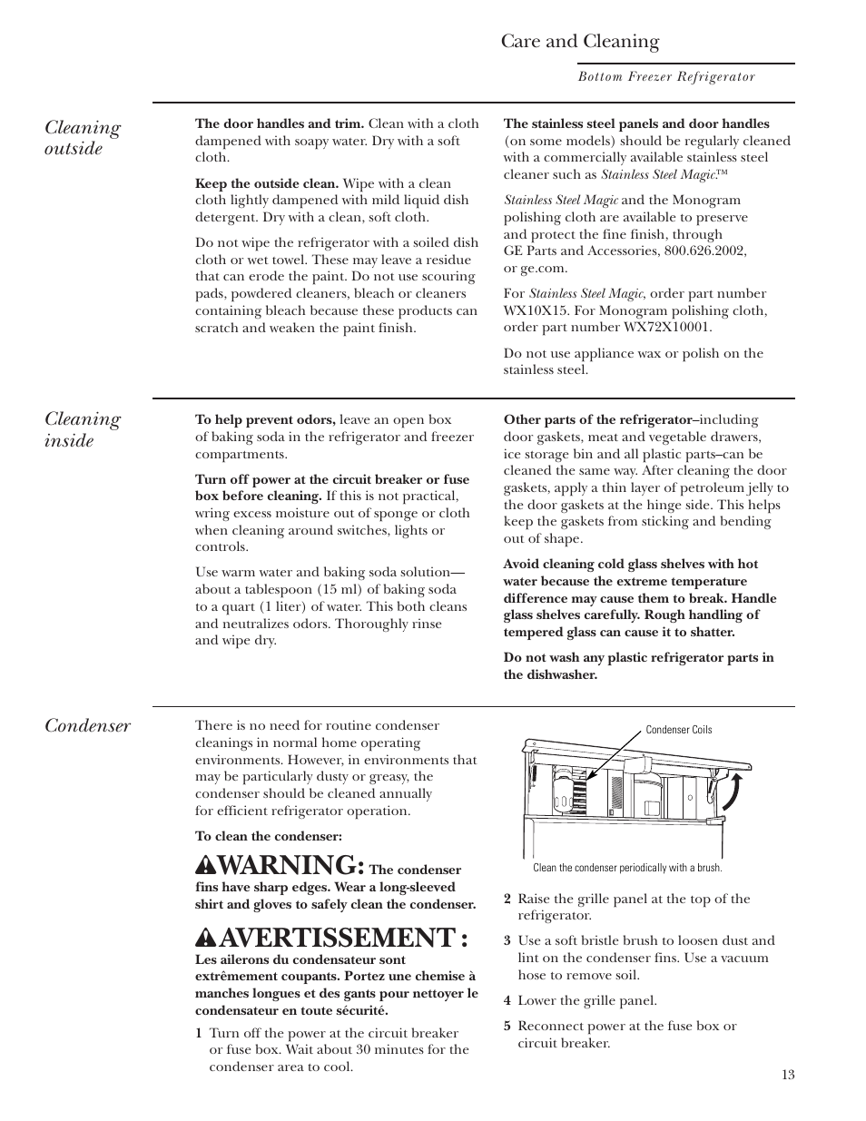 Cleaning—outside and inside, Condenser, Cleaning—outside and inside condenser | Warning, Avertissement, Cleaning outside, Cleaning inside, Care and cleaning | GE Bottom-Freezer Built-In Refrigerators User Manual | Page 13 / 20