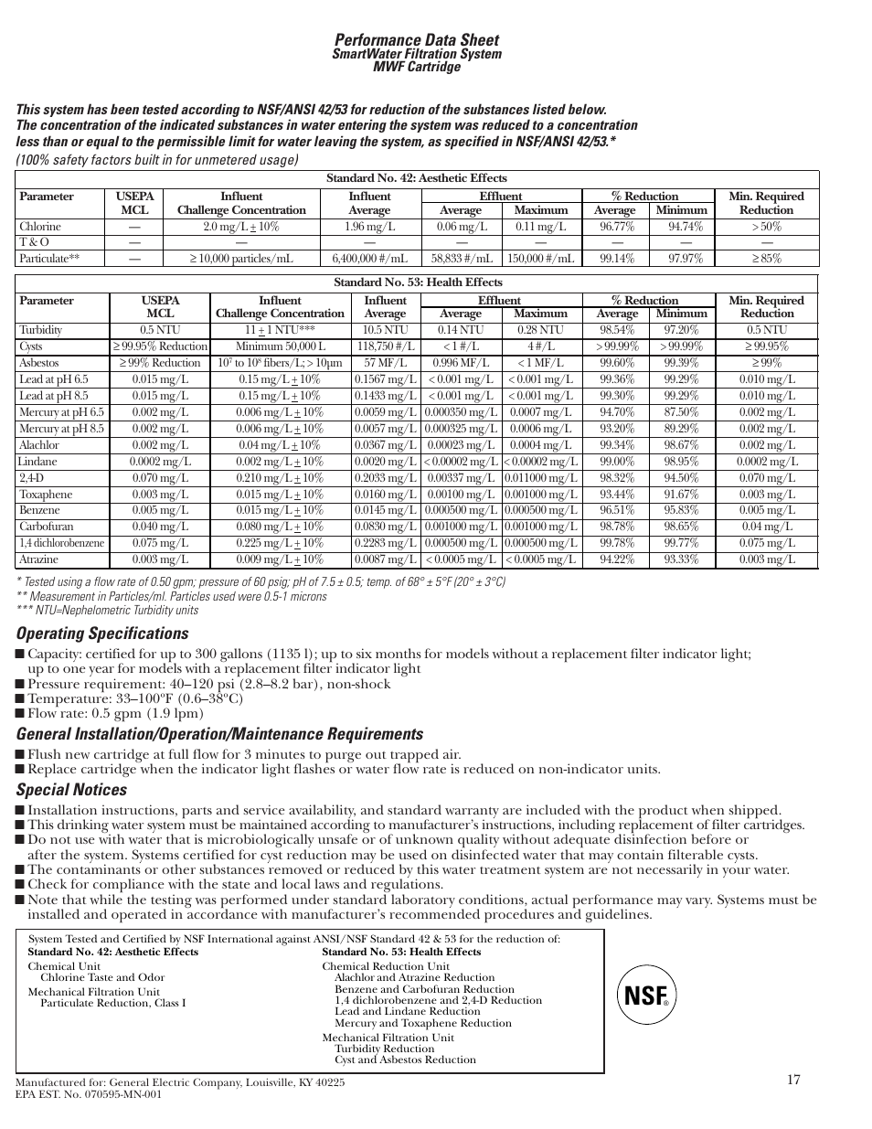 Performance data sheet, Operating specifications, Special notices | GE Bottom-Freezer Built-In Refrigerators User Manual | Page 17 / 20