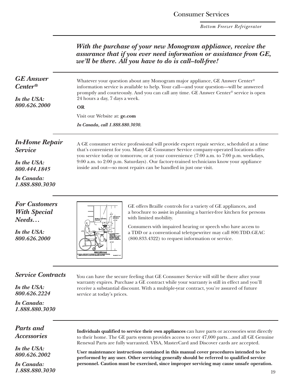 Important phone numbers, In-home repair service, Service contracts | Parts and accessories, For customers with special needs, Consumer services | GE Bottom-Freezer Built-In Refrigerators User Manual | Page 19 / 20