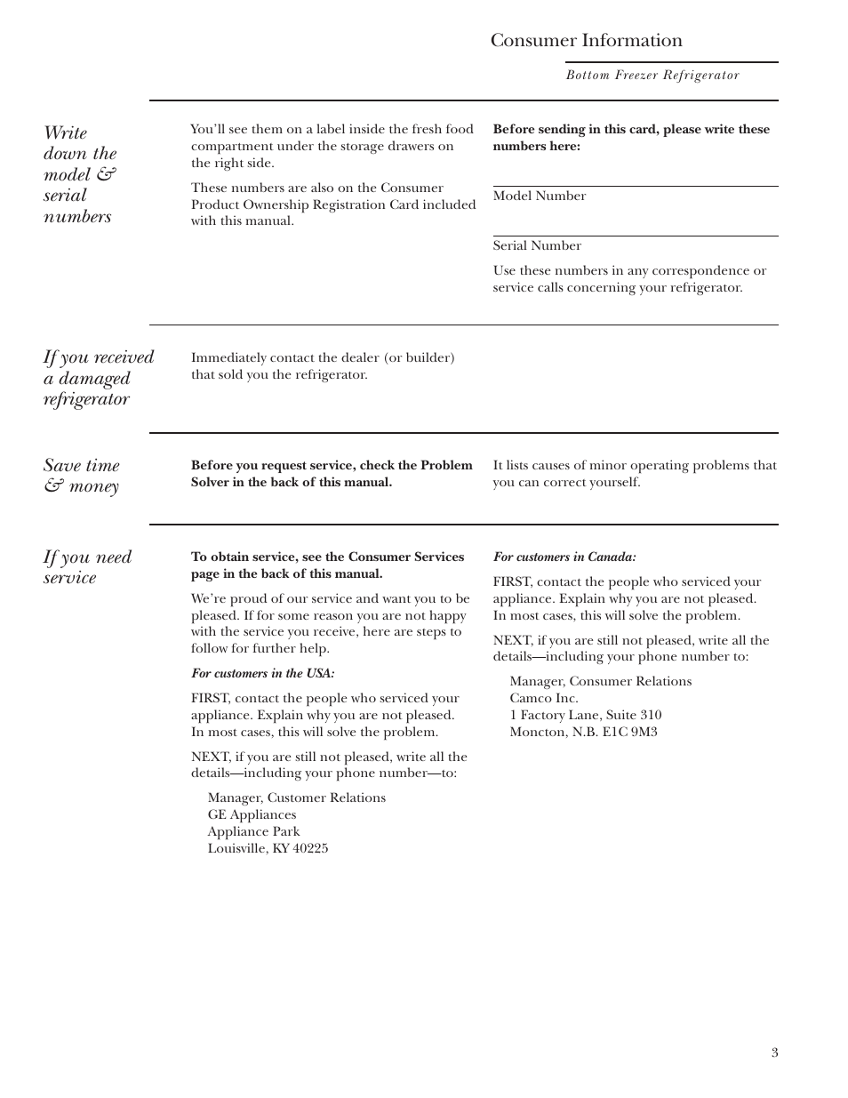 Model and serial numbers, Product registration, Write down the model & serial numbers | If you received a damaged refrigerator, Save time & money, If you need service, Consumer information | GE Bottom-Freezer Built-In Refrigerators User Manual | Page 3 / 20