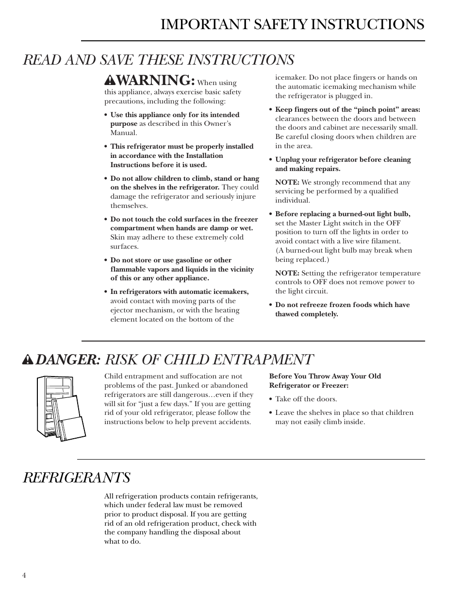 Safety instructions, Safety instructions –7, Read and save these instructions | Warning, Danger: risk of child entrapment, Refrigerants, Important safety instructions | GE Bottom-Freezer Built-In Refrigerators User Manual | Page 4 / 20