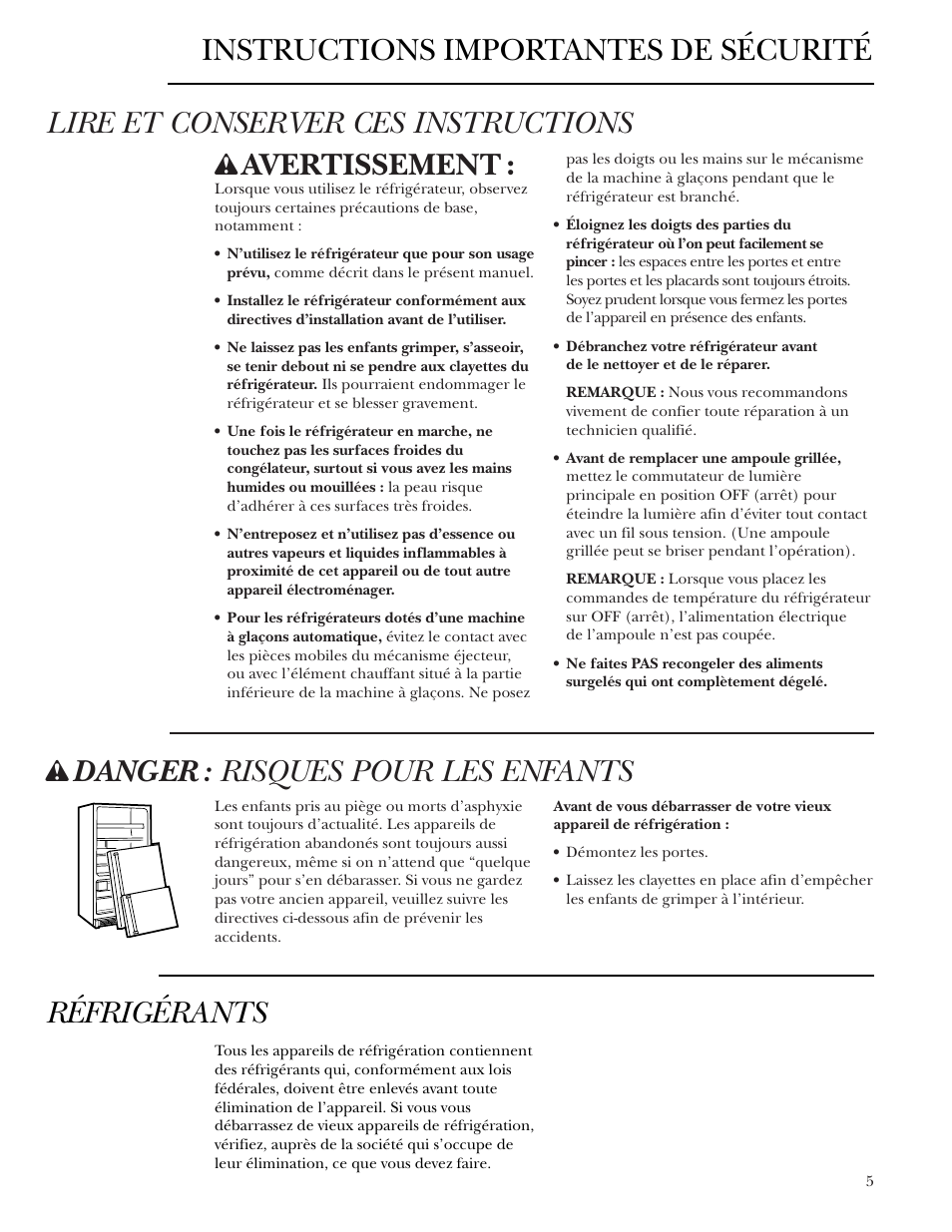 Lire et conserver ces instructions, Avertissement, Danger : risques pour les enfants | Réfrigérants, Instructions importantes de sécurité | GE Bottom-Freezer Built-In Refrigerators User Manual | Page 5 / 20