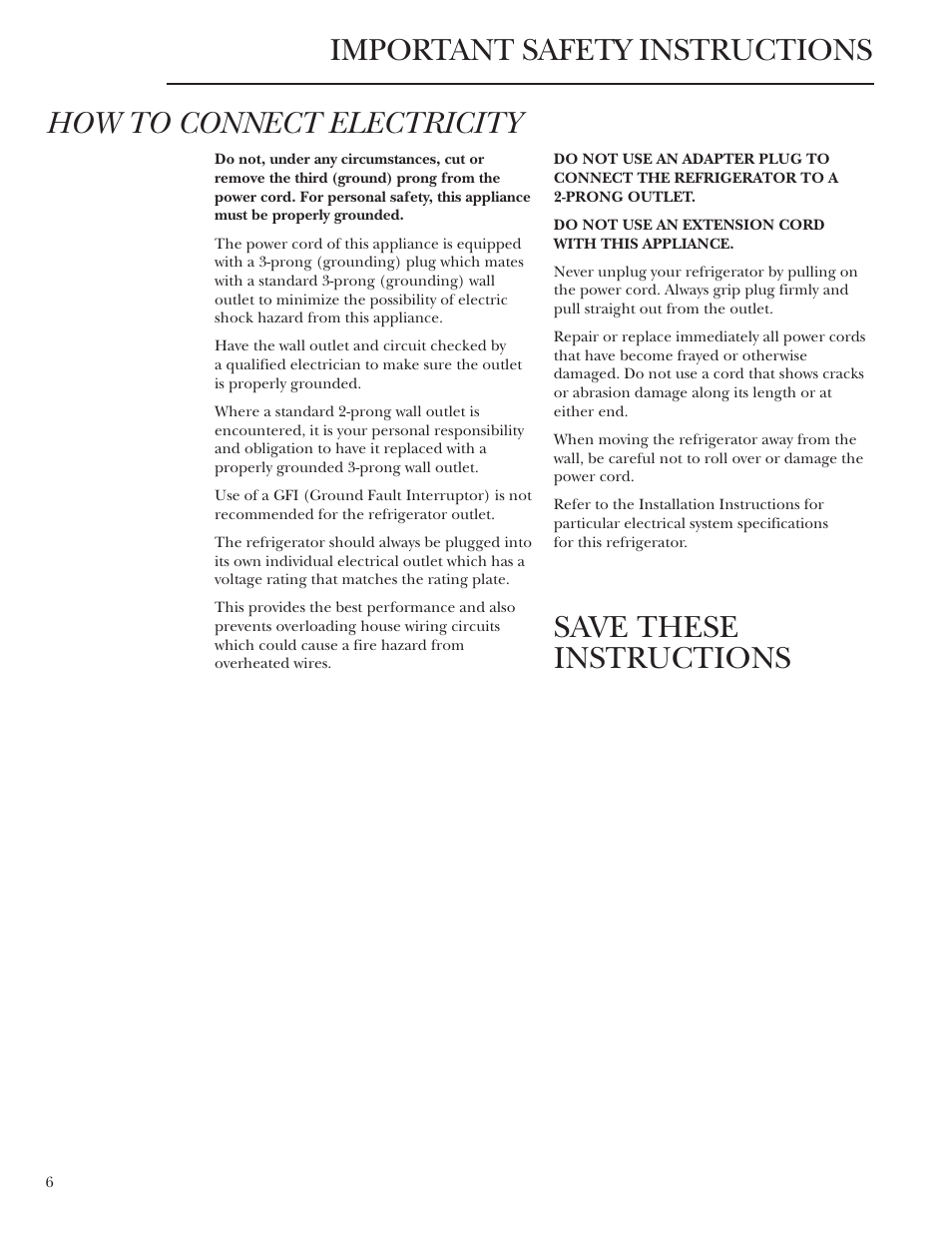 How to connect electricity | GE Bottom-Freezer Built-In Refrigerators User Manual | Page 6 / 20