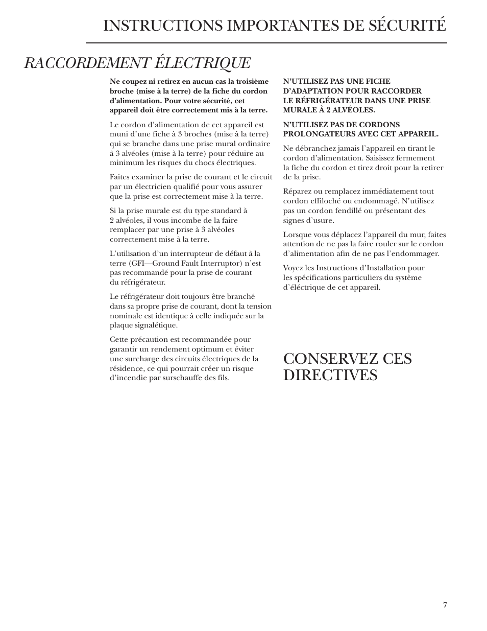 Raccordement électrique | GE Bottom-Freezer Built-In Refrigerators User Manual | Page 7 / 20