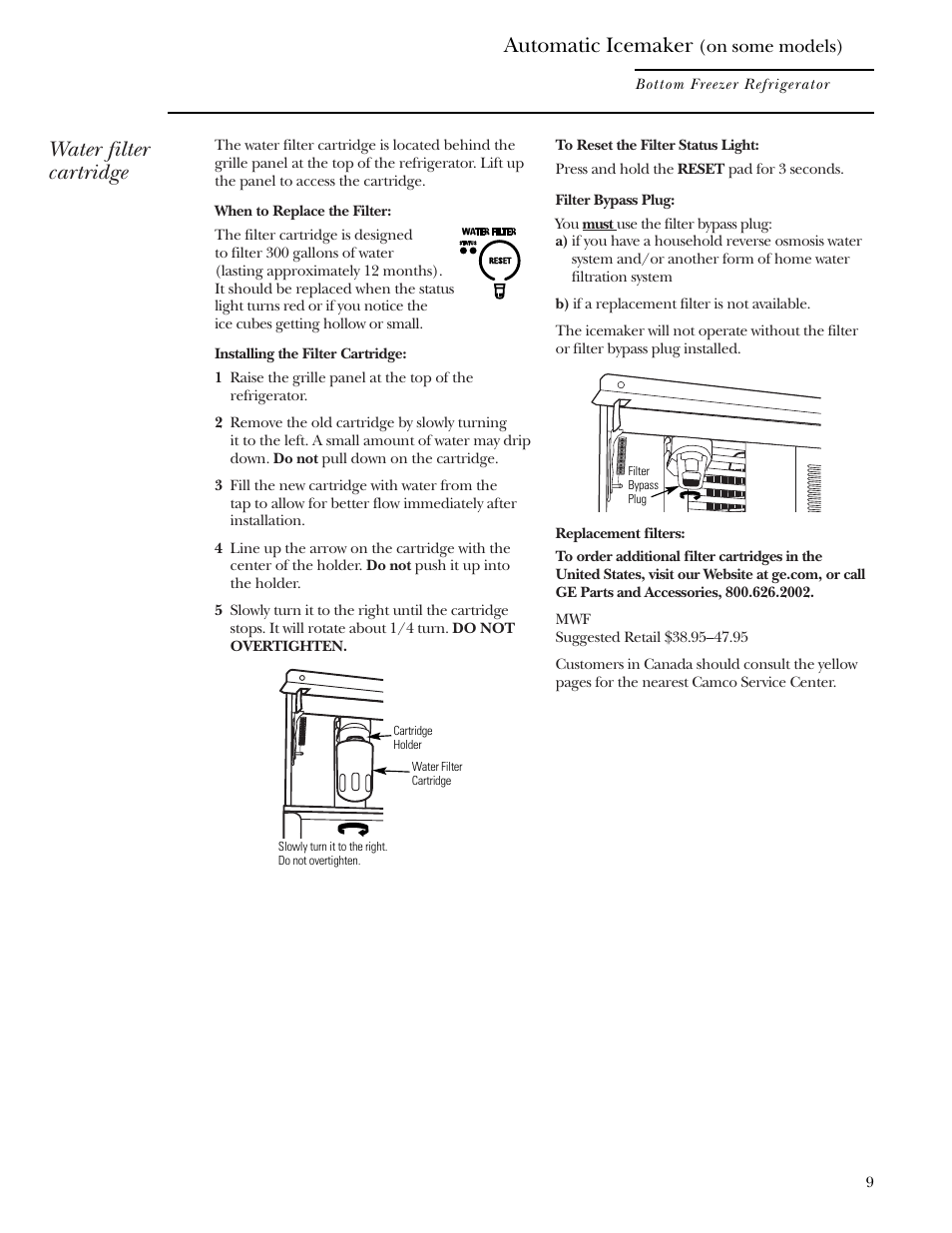 Water filter cartridge, Automatic icemaker | GE Bottom-Freezer Built-In Refrigerators User Manual | Page 9 / 20