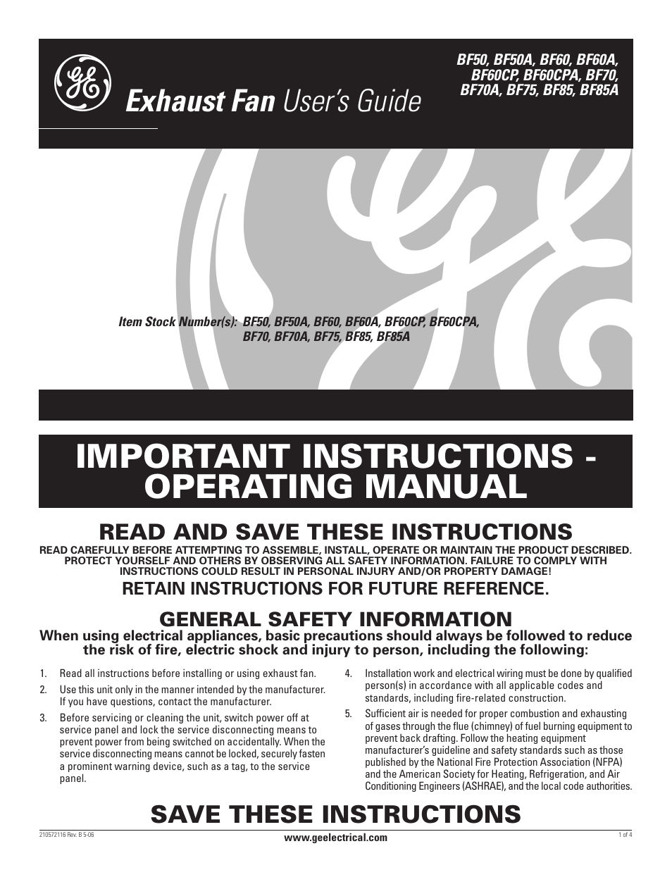 GE BF50 User Manual | 4 pages