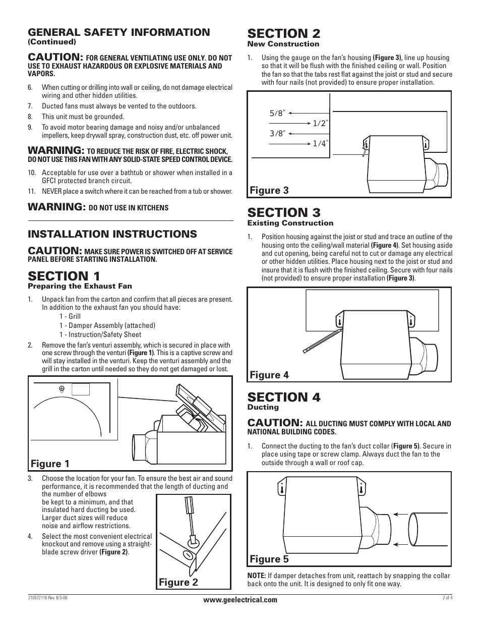 General safety information, Caution, Warning | Installation instructions caution, Figure 1 figure 2 figure 3, Figure 4 figure 5 | GE BF50 User Manual | Page 2 / 4
