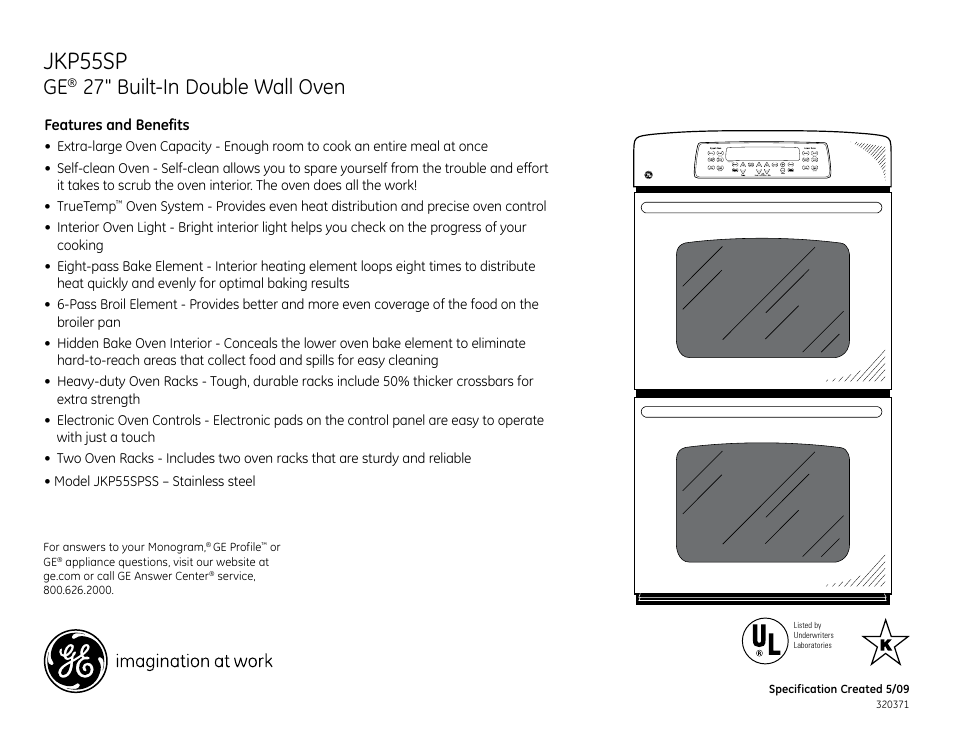 Jkp55sp, 27" built-in double wall oven | GE JKP55SPSS User Manual | Page 2 / 2