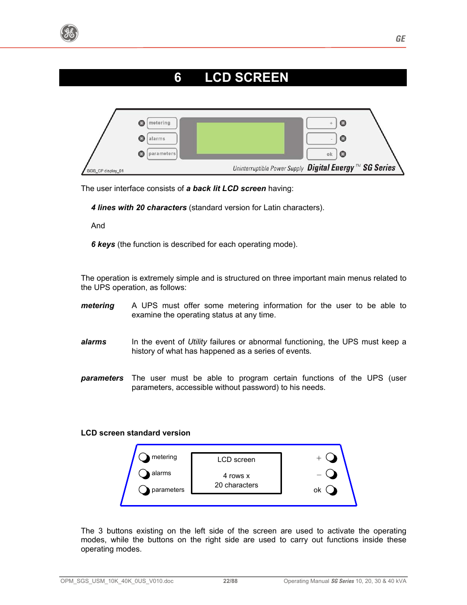 6 lcd screen | GE SG SERIES 20 User Manual | Page 22 / 88