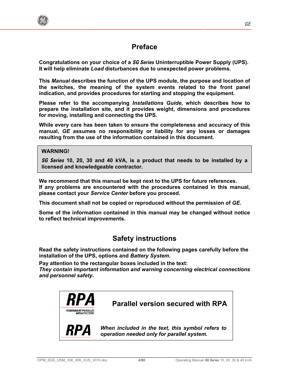 Preface, Safety instructions, Parallel version secured with rpa | GE SG SERIES 20 User Manual | Page 4 / 88