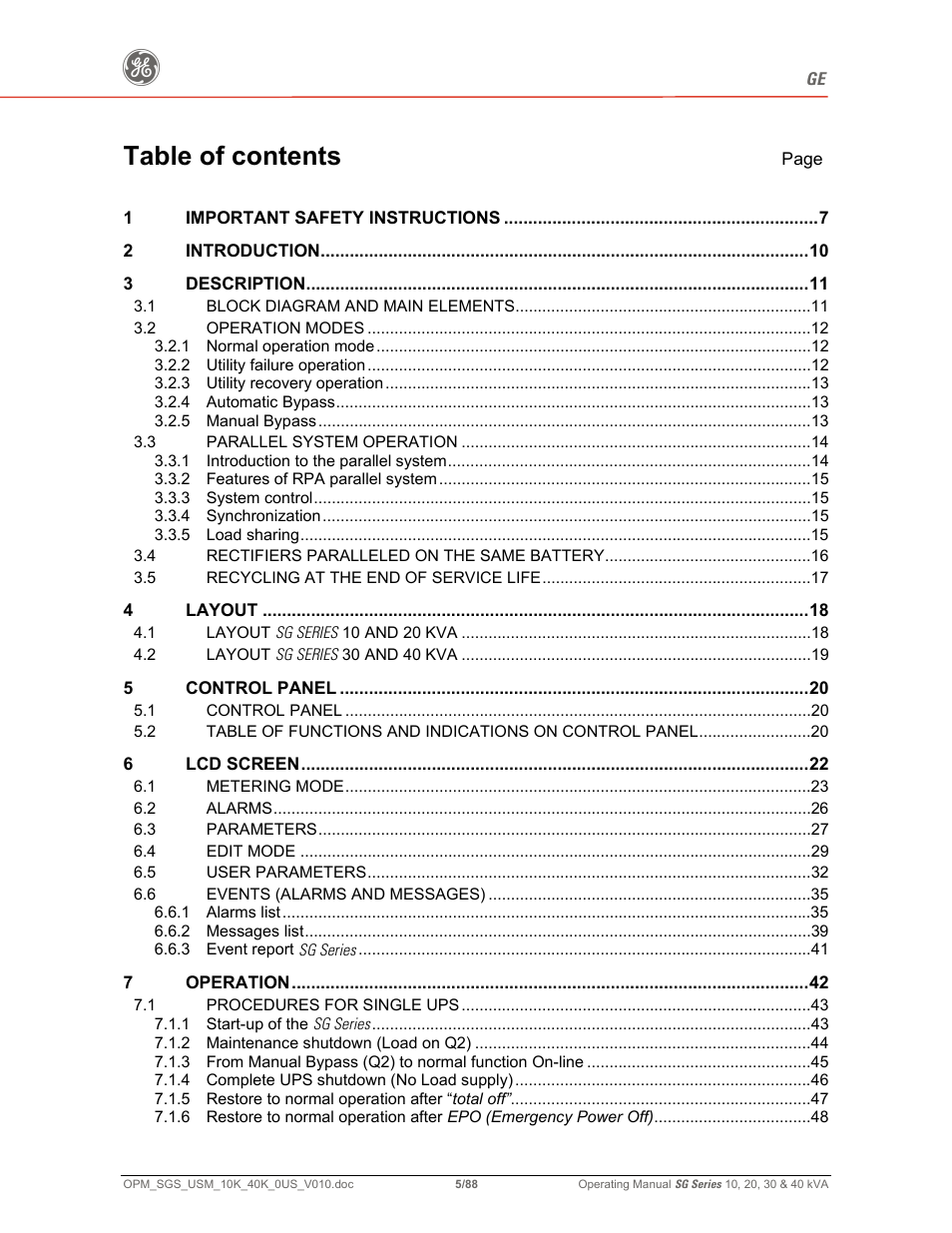 GE SG SERIES 20 User Manual | Page 5 / 88