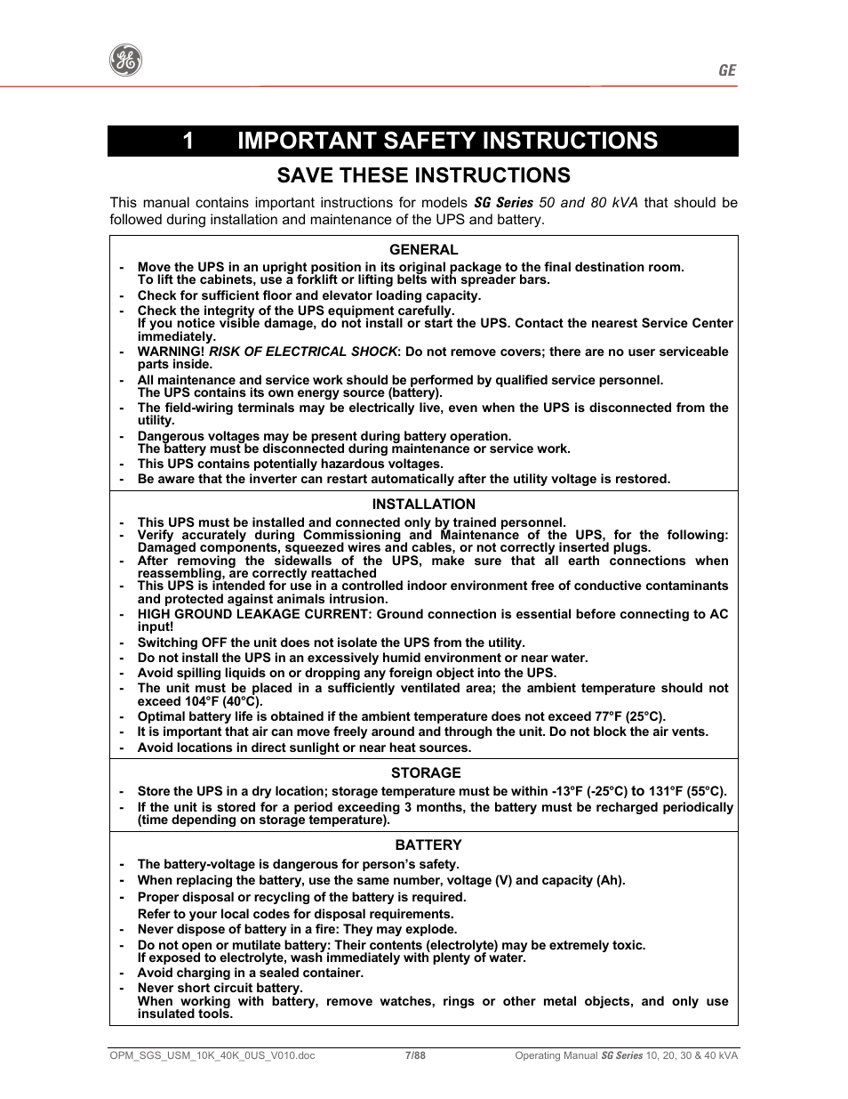 1important safety instructions, Save these instructions | GE SG SERIES 20 User Manual | Page 7 / 88