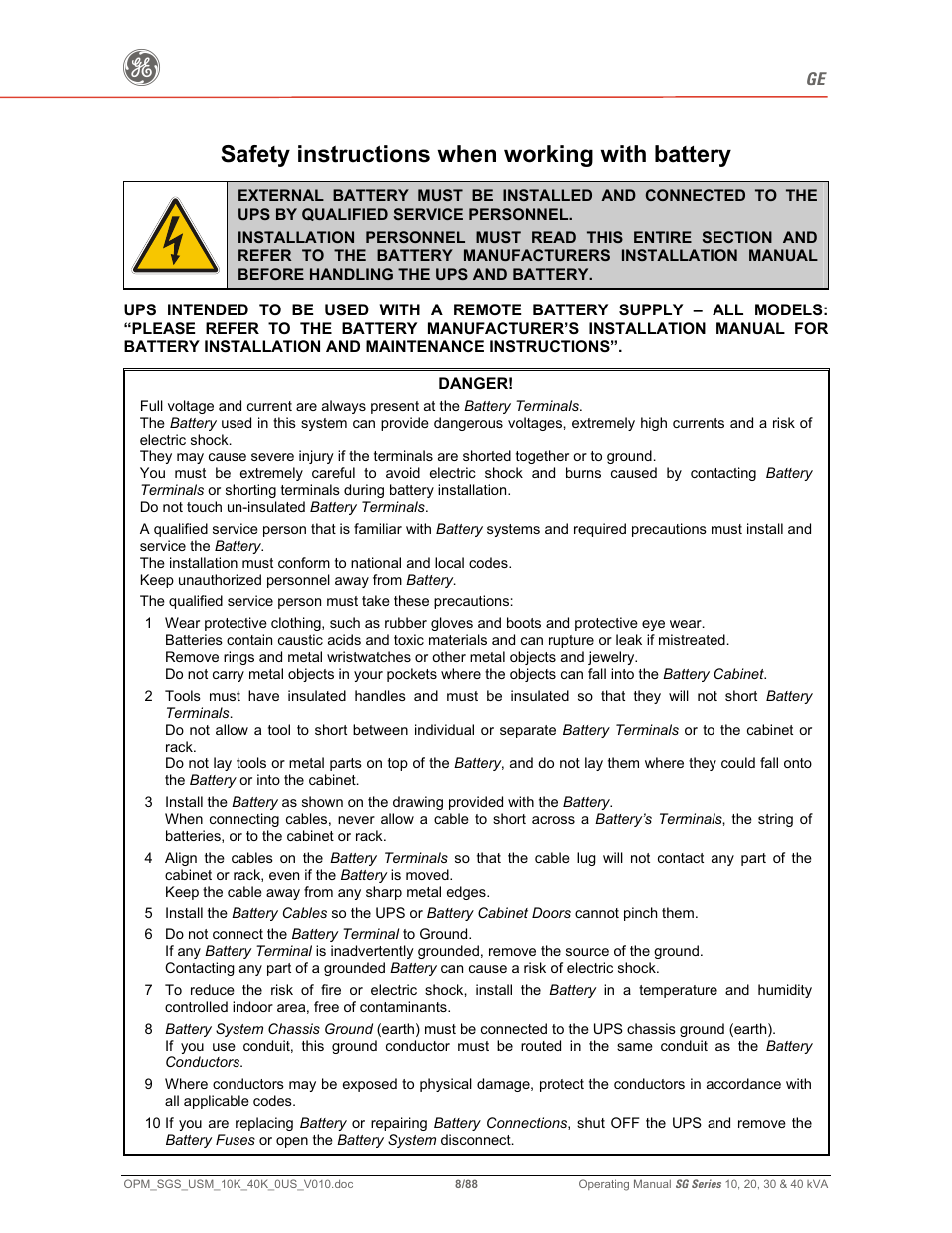 Safety instructions when working with battery | GE SG SERIES 20 User Manual | Page 8 / 88