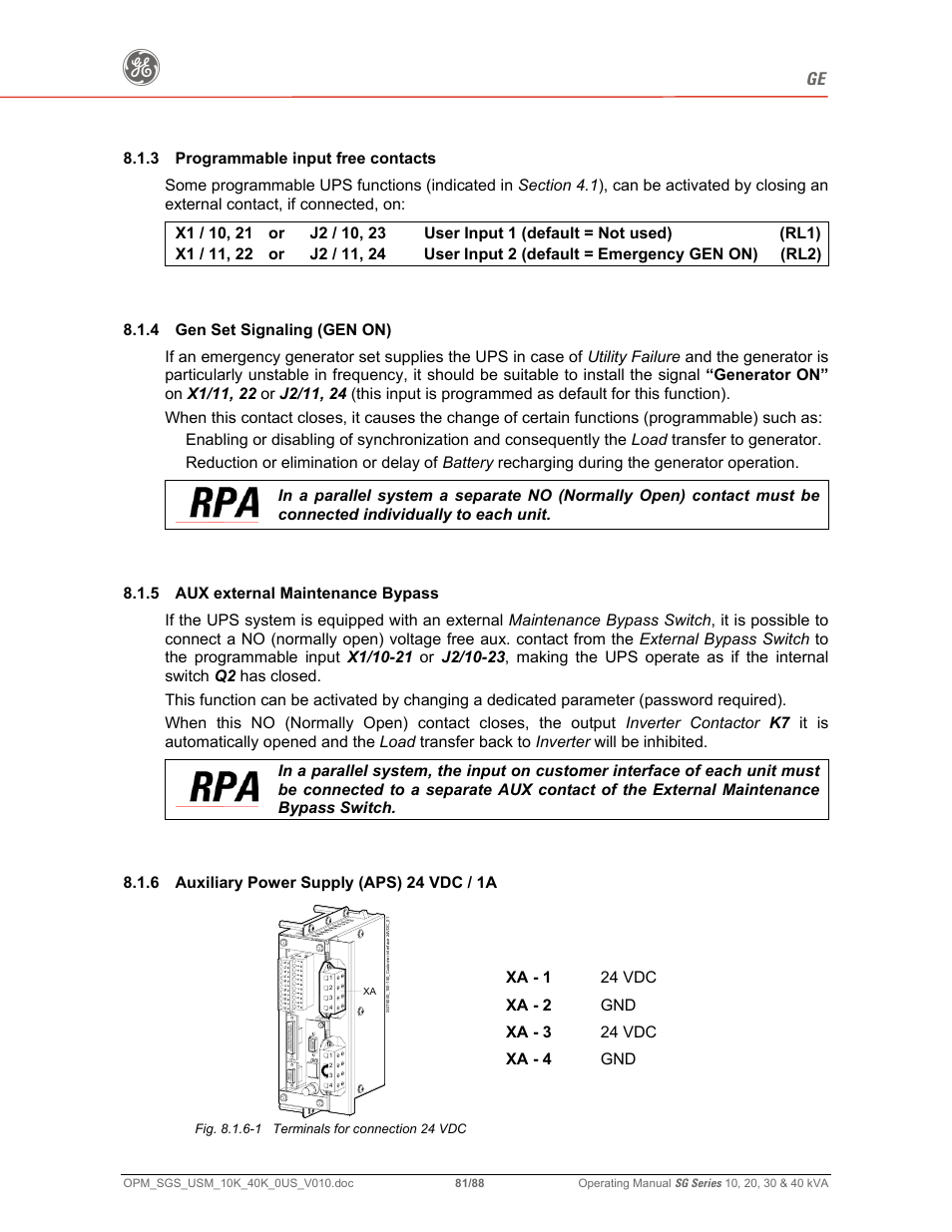 6 auxiliary power supply (aps) 24 vdc / 1a | GE SG SERIES 20 User Manual | Page 81 / 88