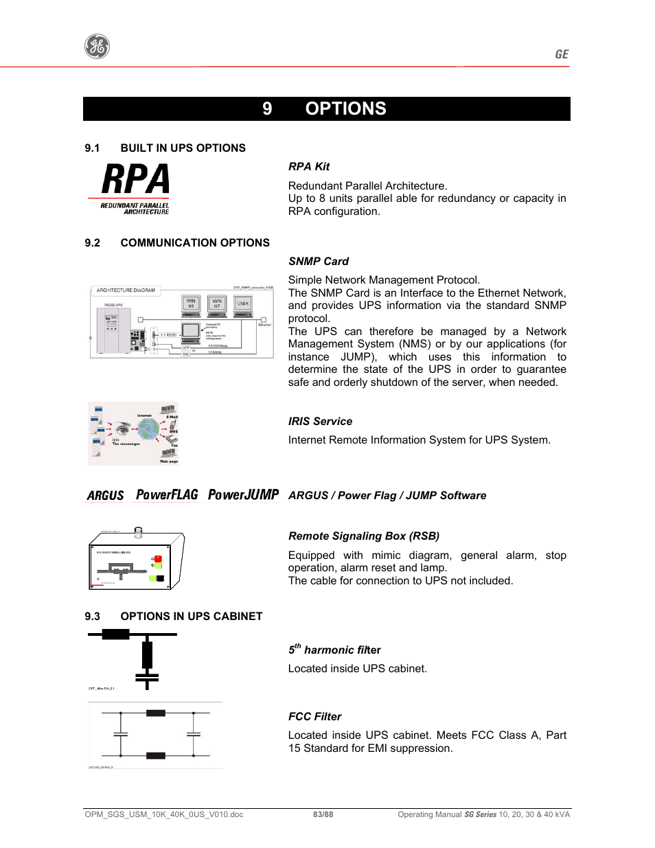 9 options | GE SG SERIES 20 User Manual | Page 83 / 88