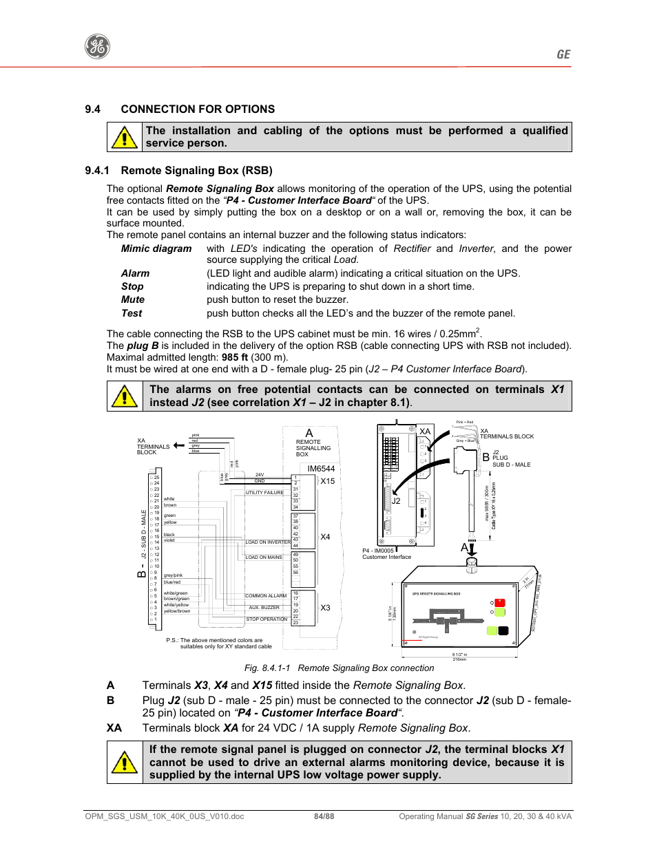 1 remote signaling box (rsb), Fig. 8.4.1-1 remote signaling box connection, Im6544 | J2 xa | GE SG SERIES 20 User Manual | Page 84 / 88