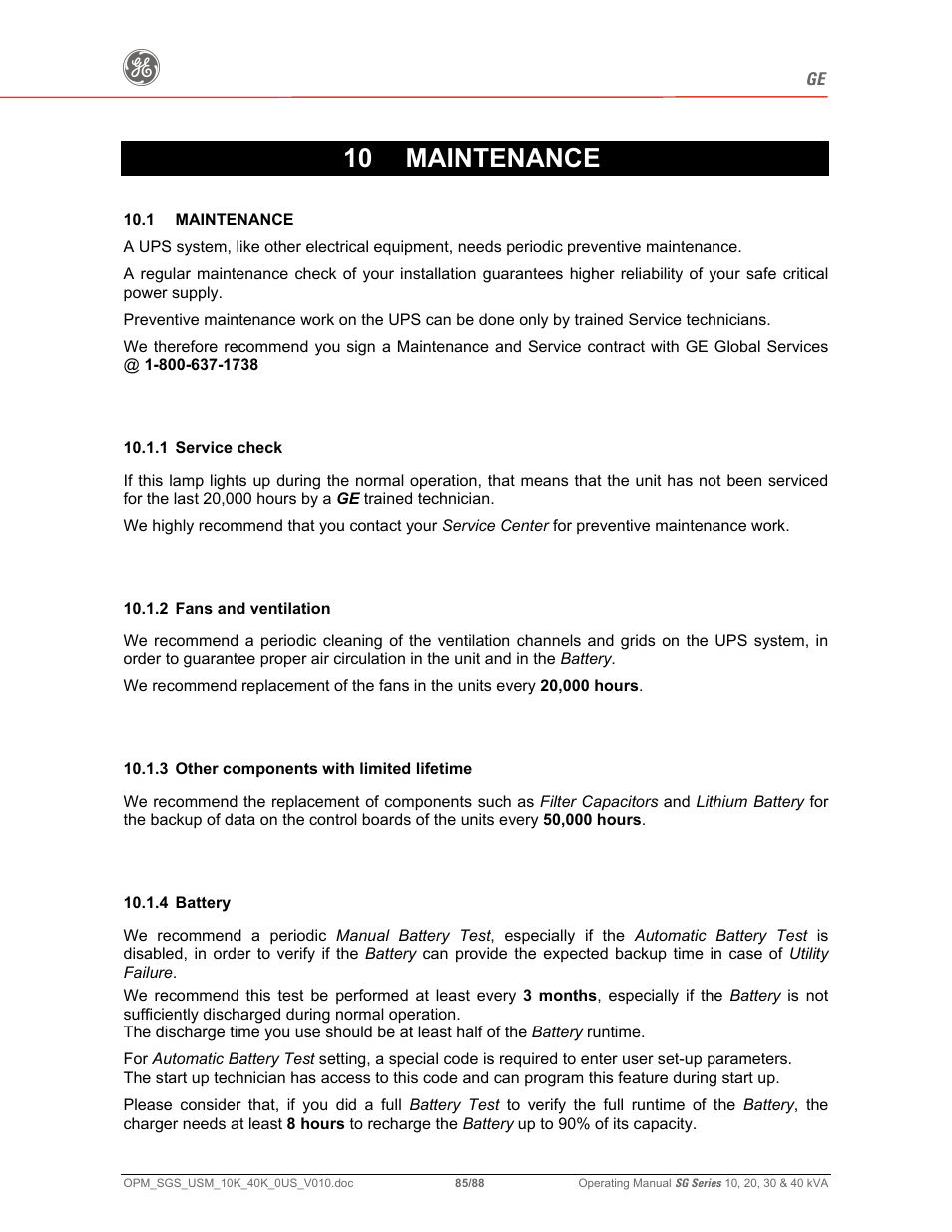 10 maintenance | GE SG SERIES 20 User Manual | Page 85 / 88