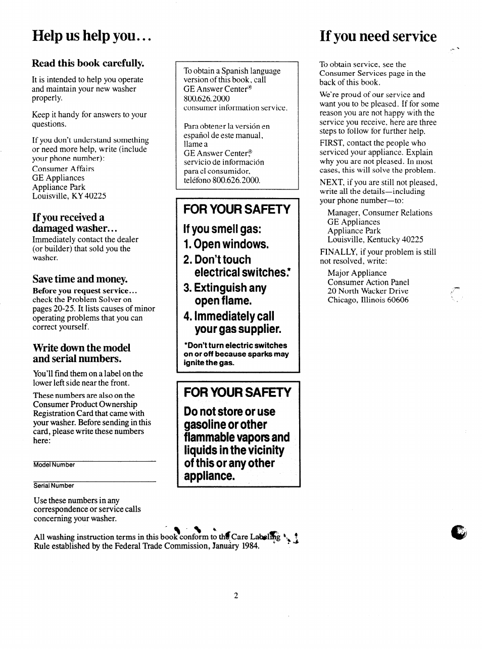 Help us help you, If you need service, Help us help you... if you need service | If you received a damaged washer, Write down the model and serial numbers, For your safety if you smell gas, Onpn window, Z. uon iioucn electrical switches, Fytinniii.qh, Immediately call vouraassuodlier | GE VVVVA8876M User Manual | Page 2 / 28
