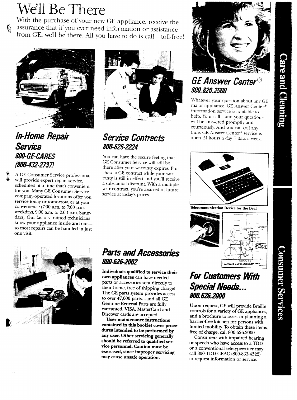 Well be there, In-home repair service, Service contracts | Parts and accessories, Ge answer center, For customers with special needs | GE VVVVA8876M User Manual | Page 27 / 28