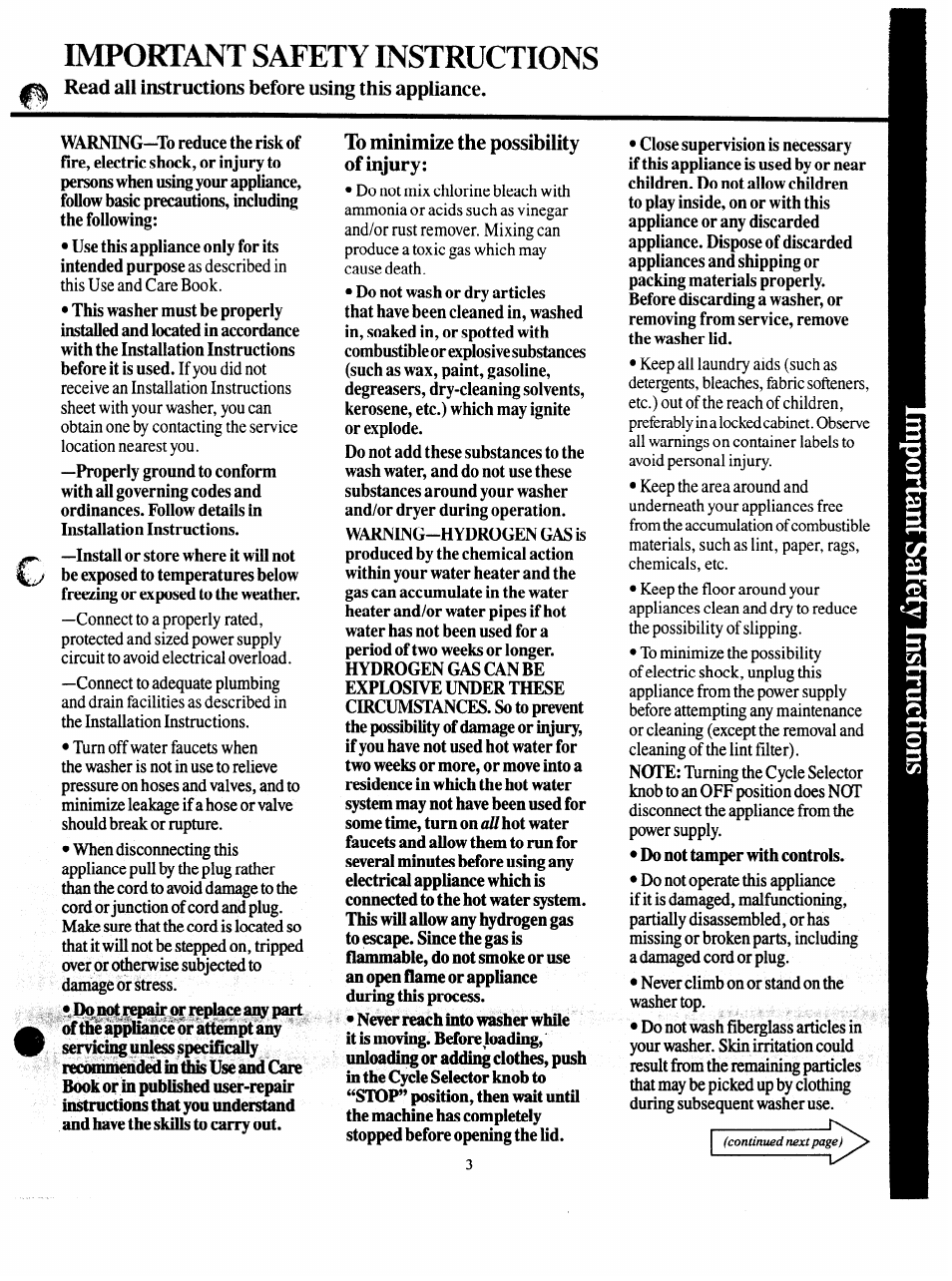 To minimize the possibility, Importa nt safftv tnstrtirtton | GE VVVVA8876M User Manual | Page 3 / 28