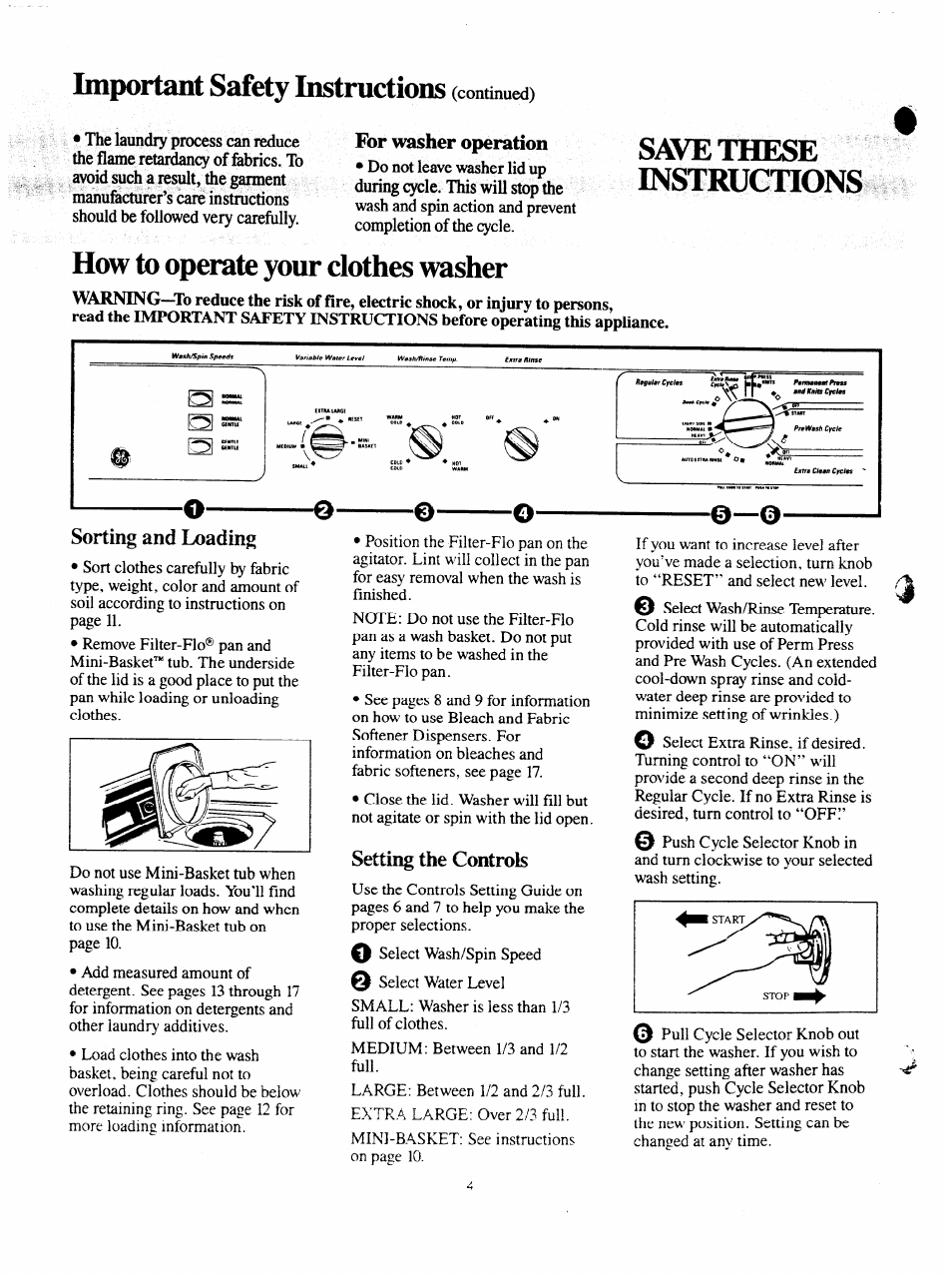 For m^her opei^tion, How to operate your clothes washer, Sorting and loading | Setting the controls, Liiiportaiit safety instrucuons (continued), Instrlirtions how to operate your clothes washer, I jxilöjlr | GE VVVVA8876M User Manual | Page 4 / 28