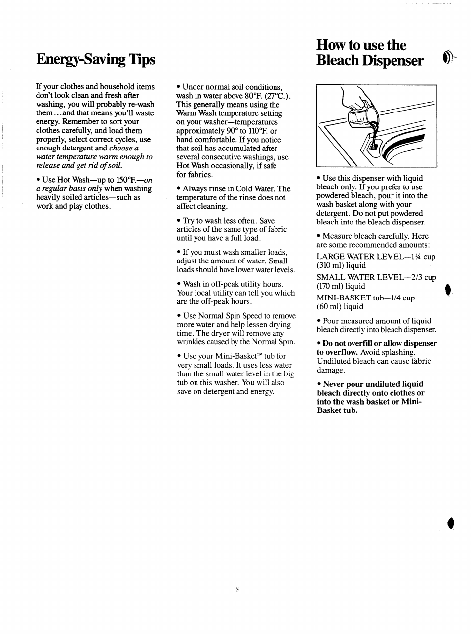 How to use the bleach dispenser, Energy-saving ups how to use the bleach dispenser | GE VVVVA8876M User Manual | Page 8 / 28